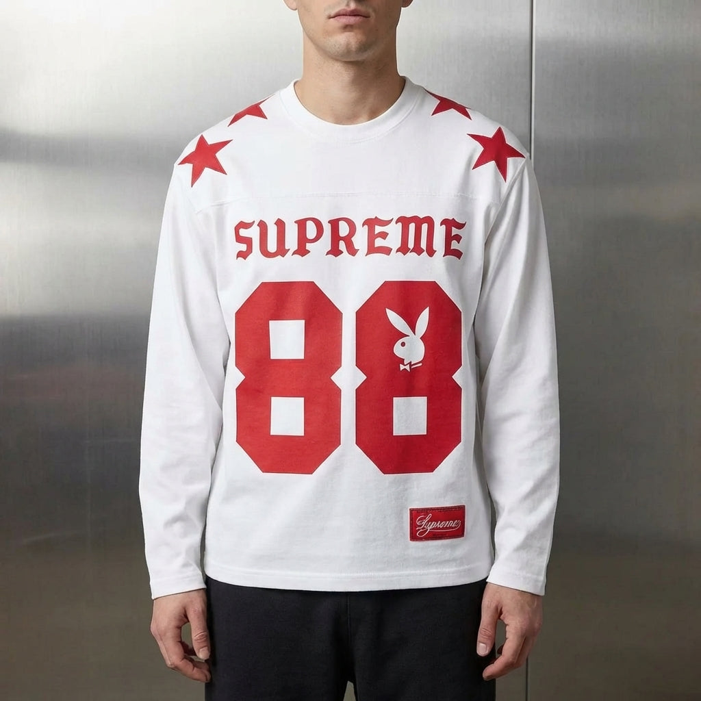 Supreme x Playboy L/S Football Top White | Collab | HOODLUMS UK