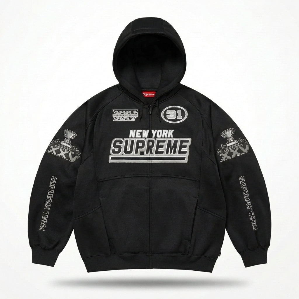 Supreme Football Zip Up Hoodie Black | FW25 | Hoodlums UK