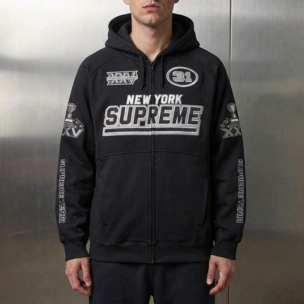 Supreme Football Zip Up Hoodie Black | FW25 | Hoodlums UK