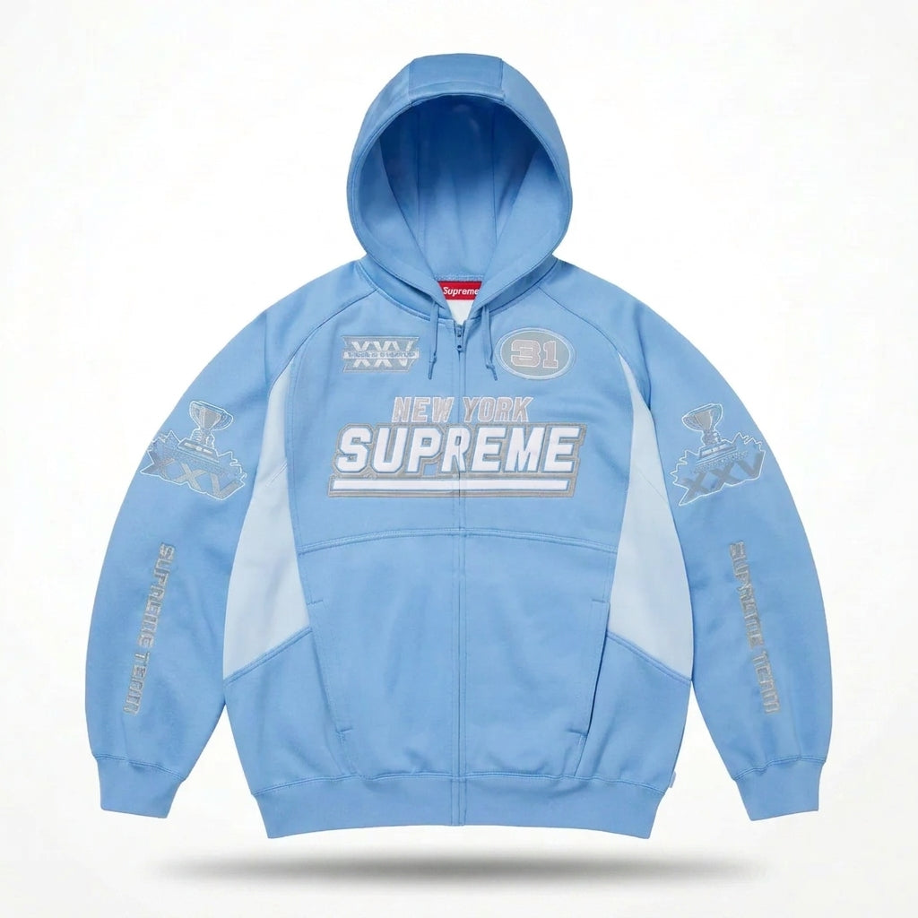 Supreme Football Zip Up Hoodie Light Blue FW25 | Tackle Twill