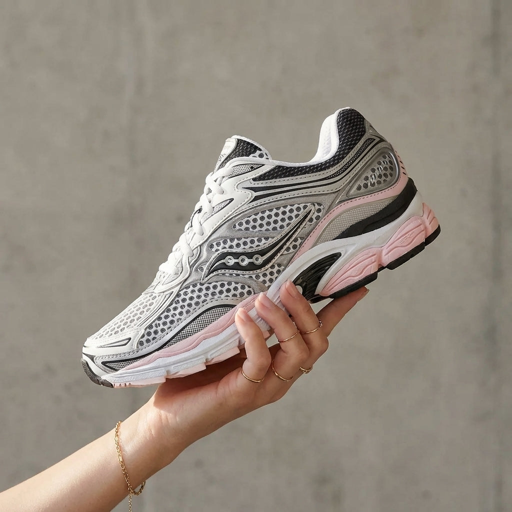 Saucony ProGrid Omni 9 Silver Pink held in woman's hand showing silver metallic mesh upper with charcoal overlays and pastel pink midsole against polished concrete background
