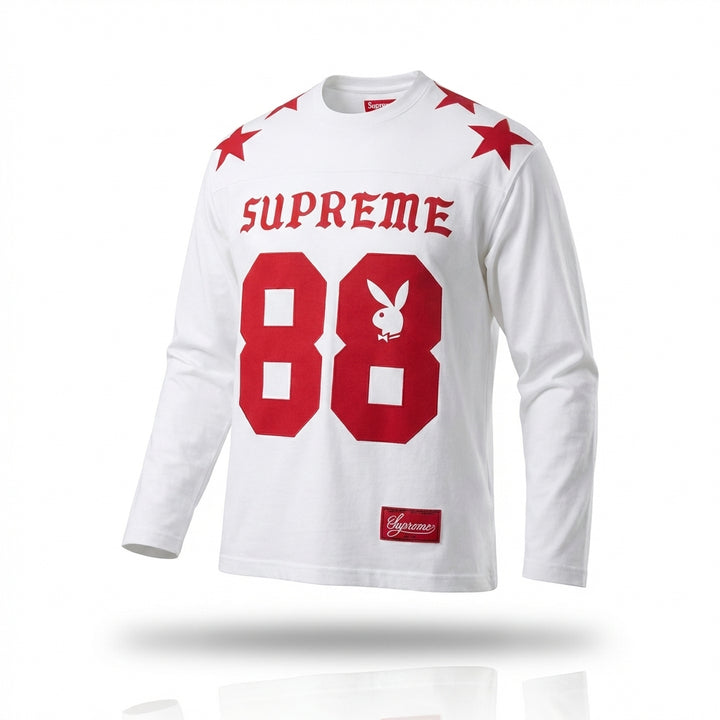 Supreme x Playboy Long Sleeve Football Top White with red gothic Supreme logo, Playboy rabbit 88 graphic, and red shoulder stars on white background | HOODLUMS UK